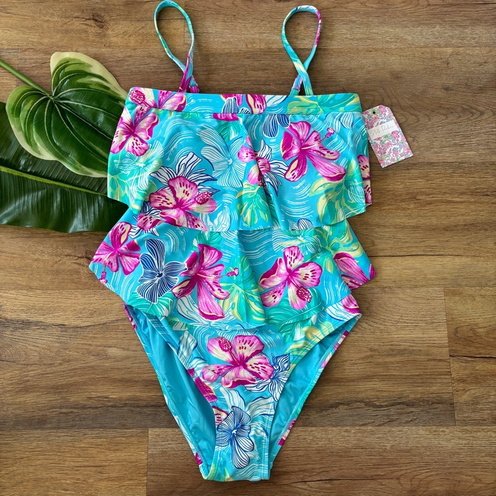 Turquoise Floral Ruffle One-Piece Swimsuit - Picture 1 of 5